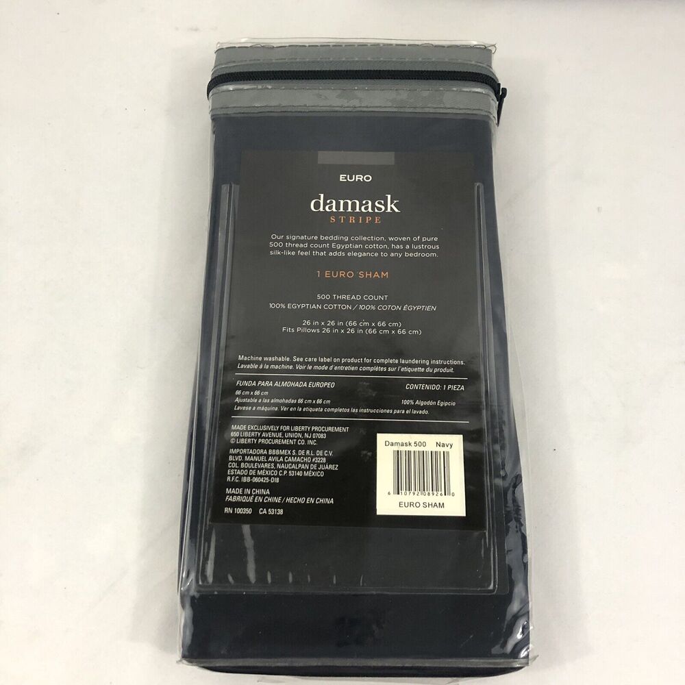 Damask Stripe Reversible Euro Sham Navy 500 Thread Count Egyptian Cotton - Picture 5 of 9